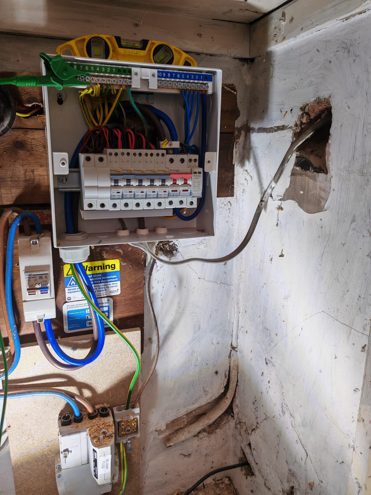 New consumer unit with RCBOs and cabling connected mid-installation